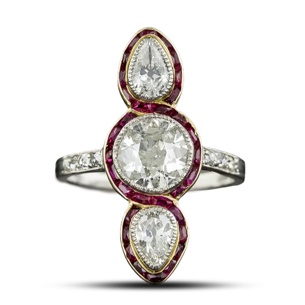 Edwardian Unique Three-Stone Diamond and Ruby Ring  - 5