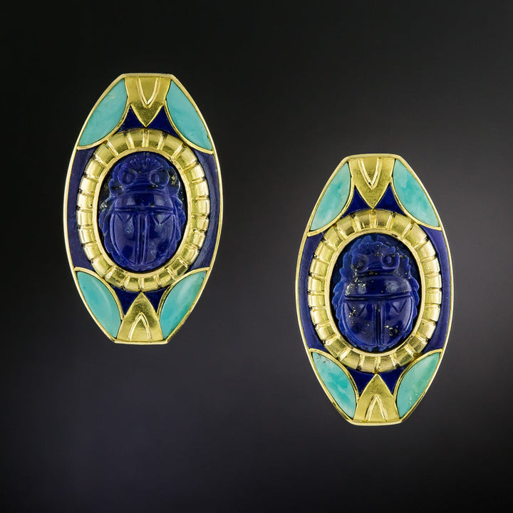 Egyptian-Inspired 18K Lapis Lazuli and Turquoise Earrings