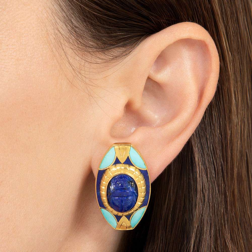 Egyptian-Inspired 18K Lapis Lazuli and Turquoise Earrings - 4