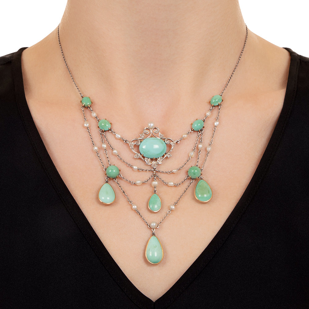Edwardian Turquoise, Natural Pearl and Diamond Necklace - 4