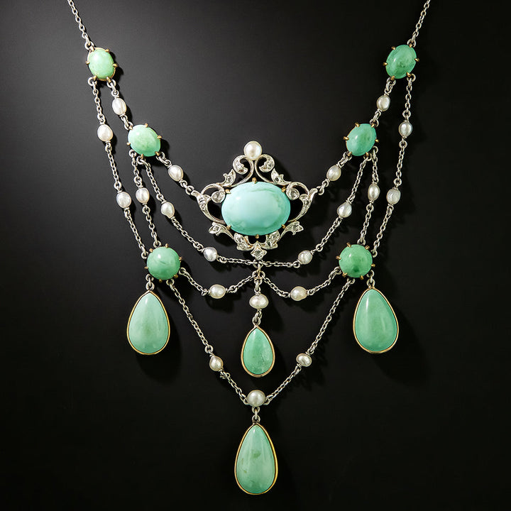 Edwardian Turquoise, Natural Pearl and Diamond Necklace