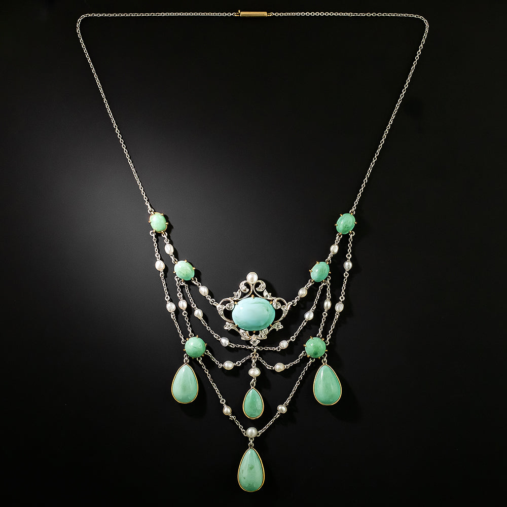 Edwardian Turquoise, Natural Pearl and Diamond Necklace - 3