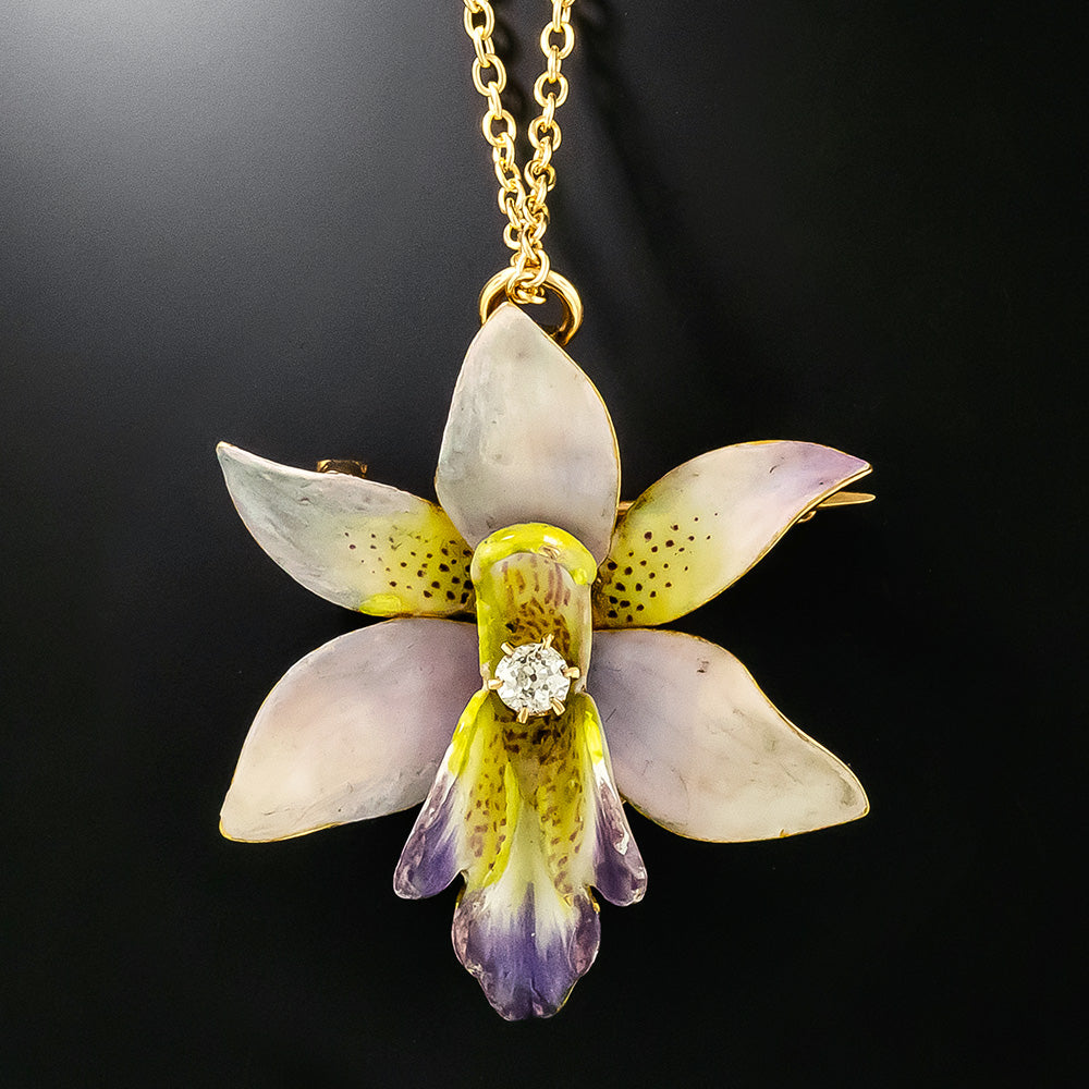 Enamel Orchid and Diamond Pendant/Brooch, Circa 1900 - 2