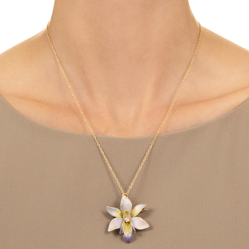 Enamel Orchid and Diamond Pendant/Brooch, Circa 1900 - 4