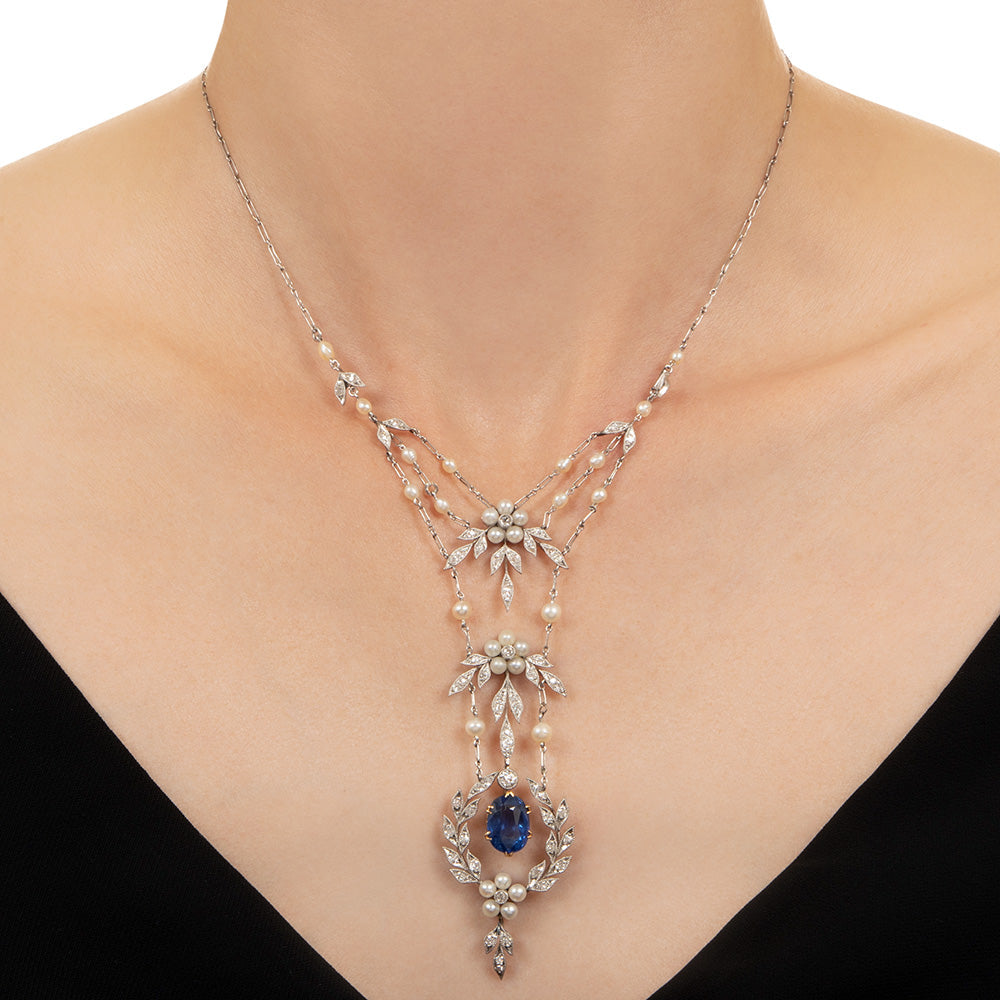 Edwardian 4.00 Carat No-Heat Sapphire, Diamond and Pearl Lavaliere - GIA  - 5