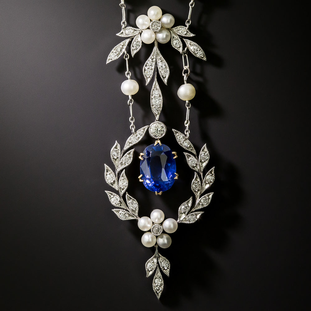 Edwardian 4.00 Carat No-Heat Sapphire, Diamond and Pearl Lavaliere - GIA  - 2