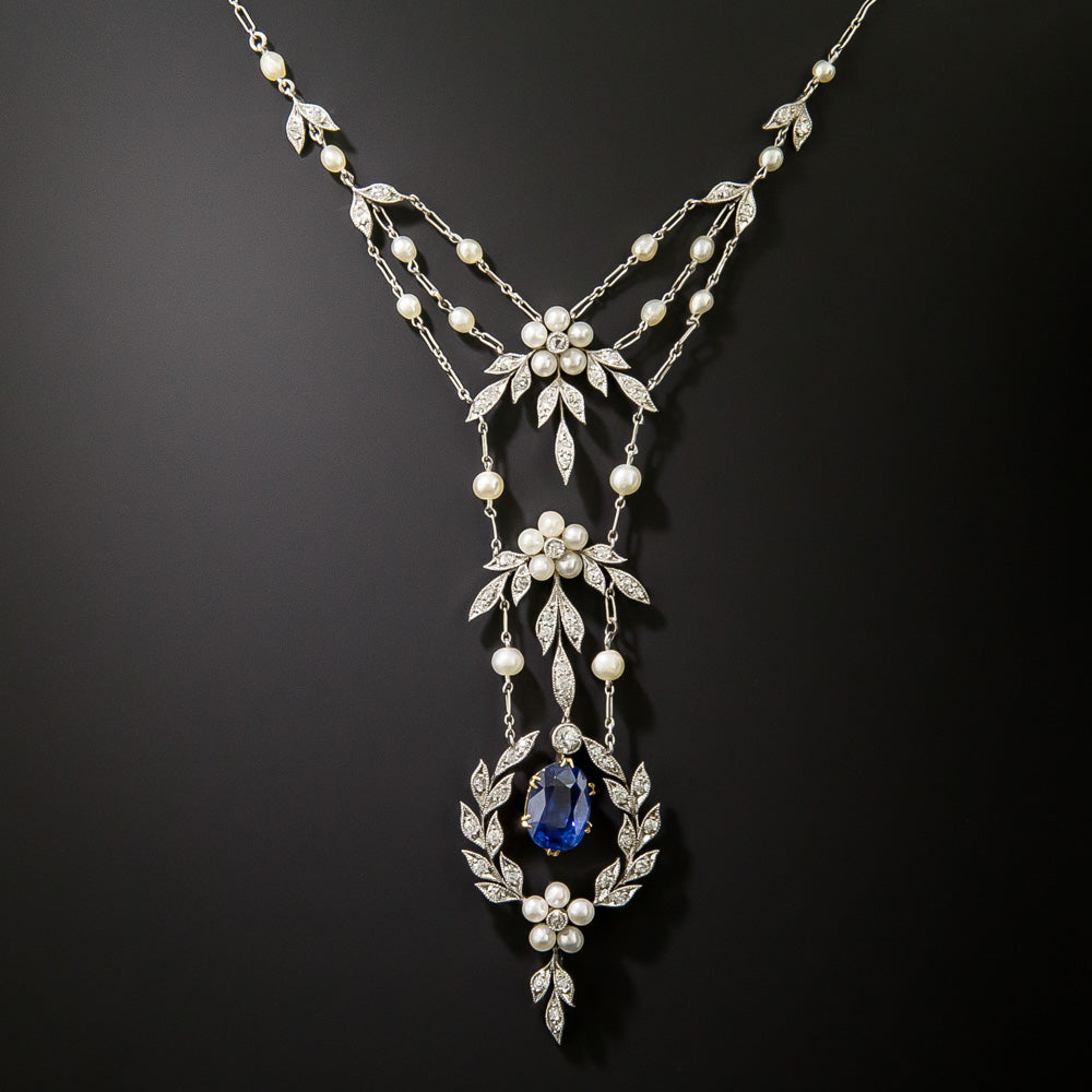 Edwardian 4.00 Carat No-Heat Sapphire, Diamond and Pearl Lavaliere - GIA  - 3