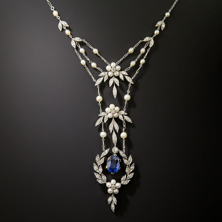 Edwardian 4.00 Carat No-Heat Sapphire, Diamond and Pearl Lavaliere - GIA