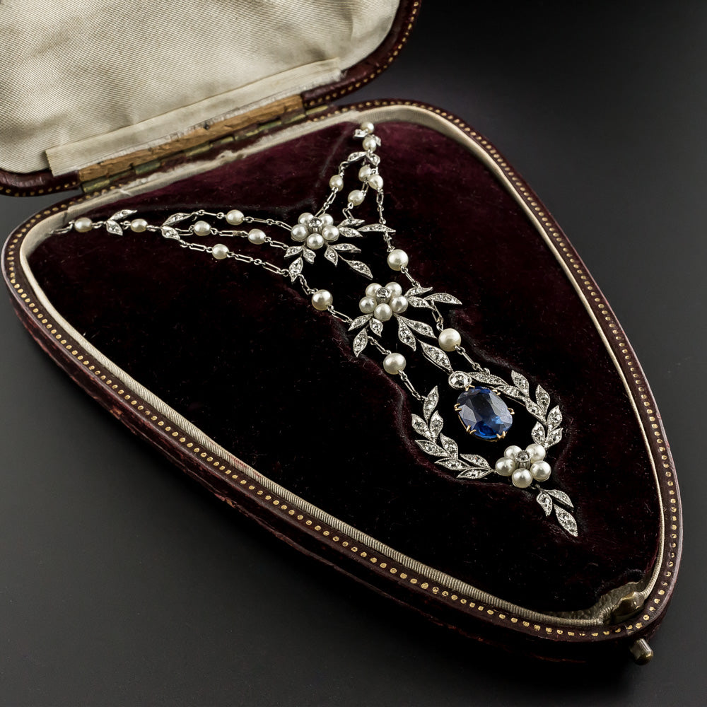 Edwardian 4.00 Carat No-Heat Sapphire, Diamond and Pearl Lavaliere - GIA  - 4