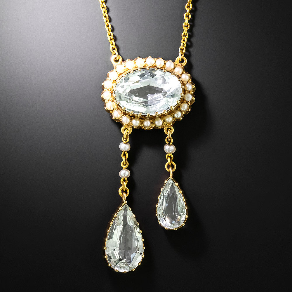 English Edwardian Aquamarine and Seed Pearl Necklace - 2