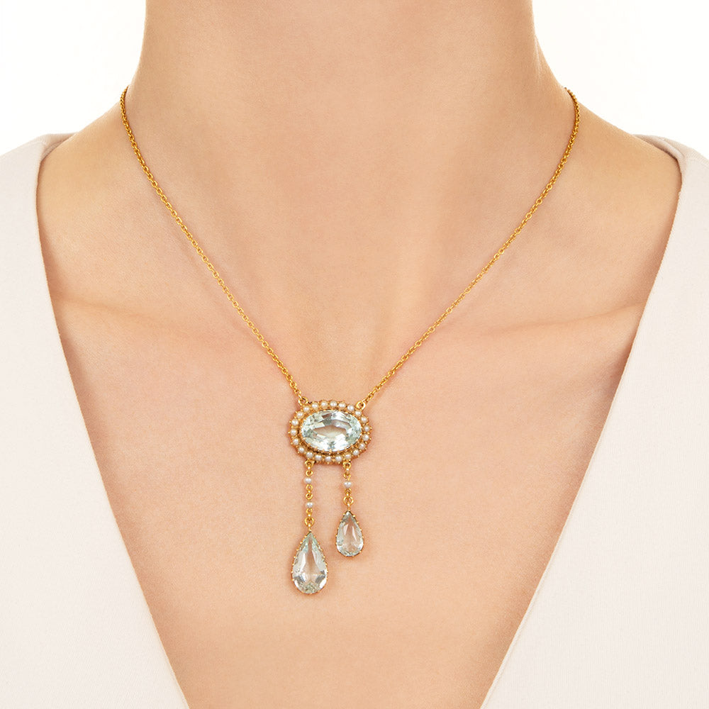English Edwardian Aquamarine and Seed Pearl Necklace - 3