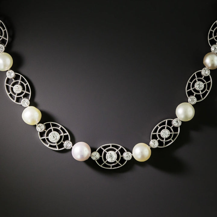 English Edwardian Natural Pearl and Diamond Necklace - GIA