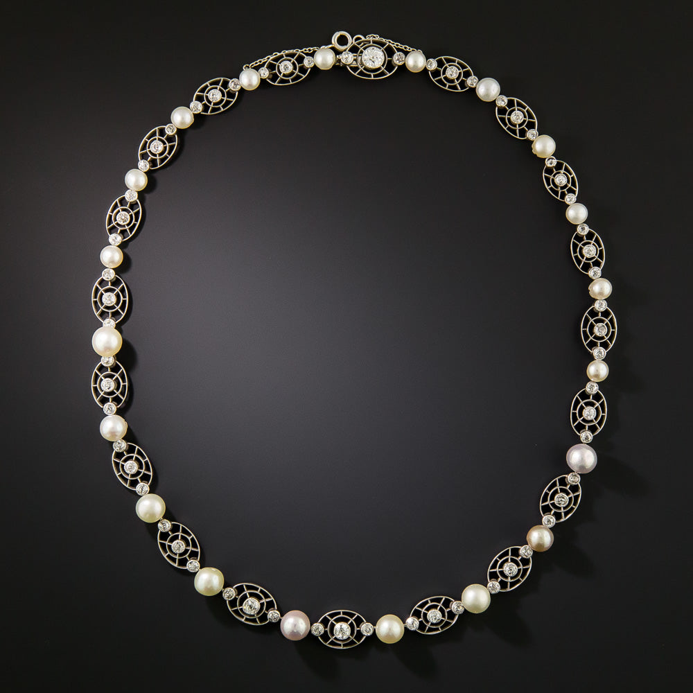 English Edwardian Natural Pearl and Diamond Necklace - GIA - 3