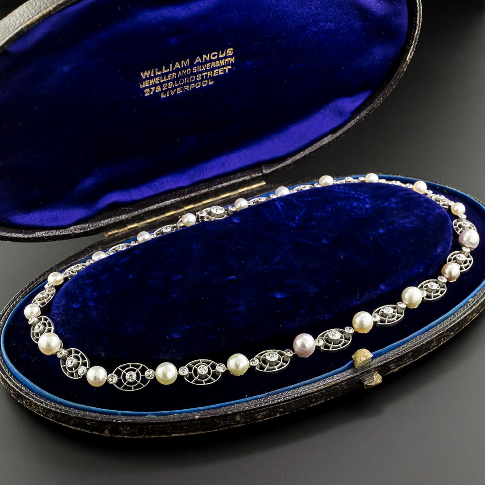 English Edwardian Natural Pearl and Diamond Necklace - GIA - 4