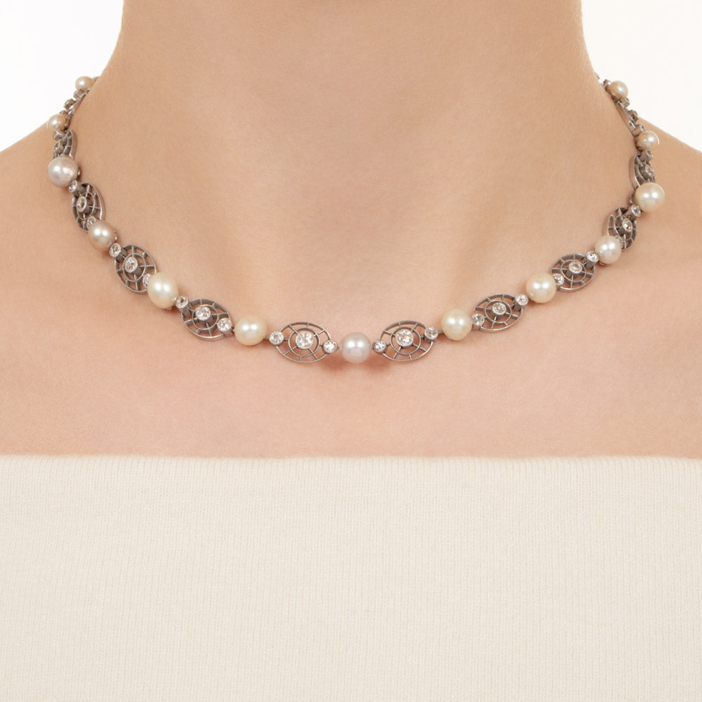 English Edwardian Natural Pearl and Diamond Necklace - GIA - 5
