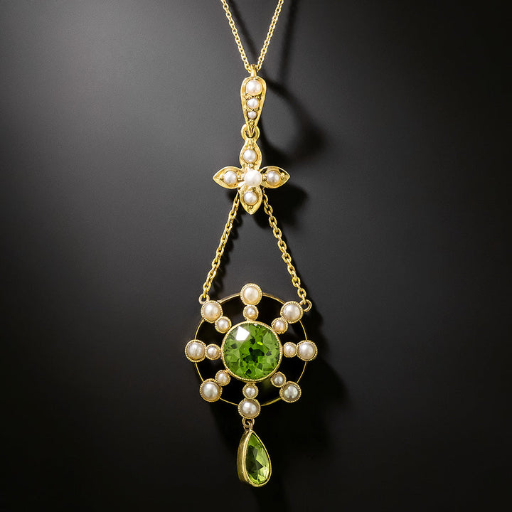 English Edwardian Peridot and Natural Pearl Drop Pendant
