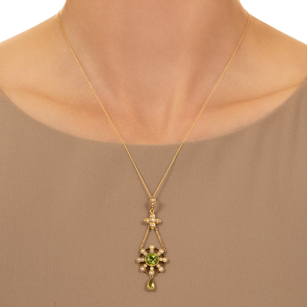 English Edwardian Peridot and Natural Pearl Drop Pendant - 4