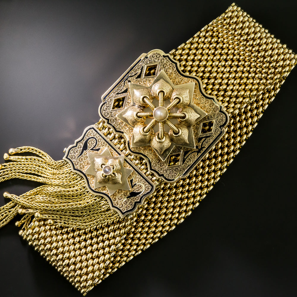 English Victorian 15K Mesh Tassel Bracelet, c.1870 - 2