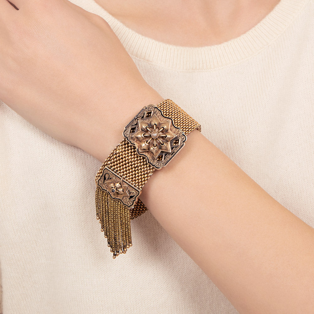 English Victorian 15K Mesh Tassel Bracelet, c.1870 - 3