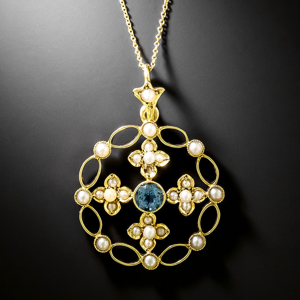 English Victorian Aquamarine and Natural Pearl Pendant - 3