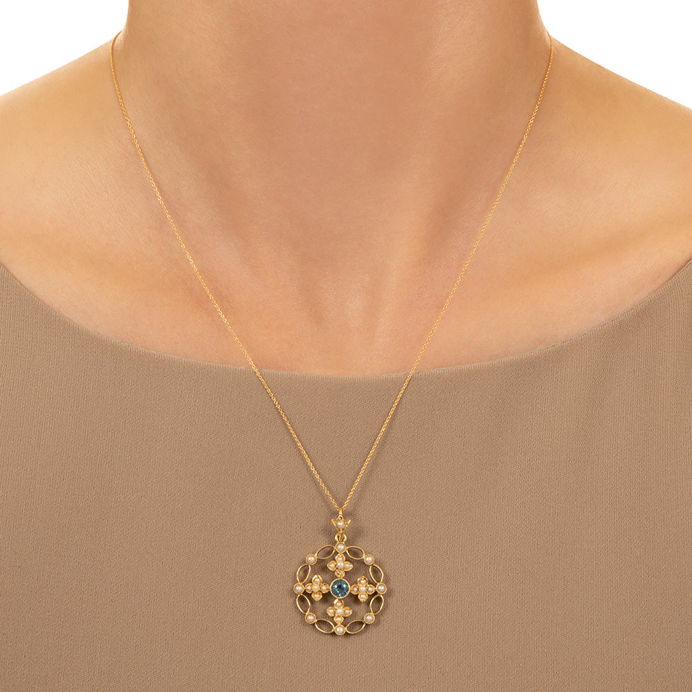 English Victorian Aquamarine and Natural Pearl Pendant - 4