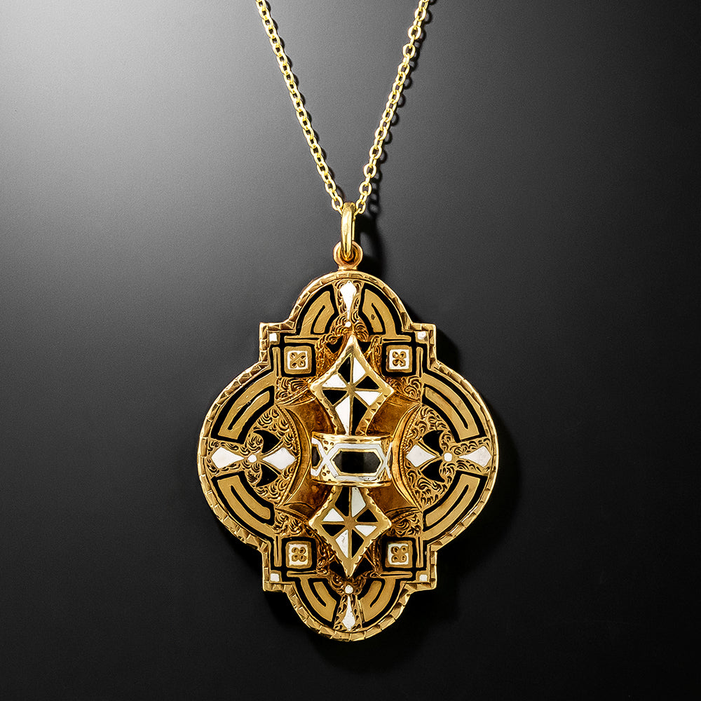 English Victorian Black and White Enamel Pendant - 2