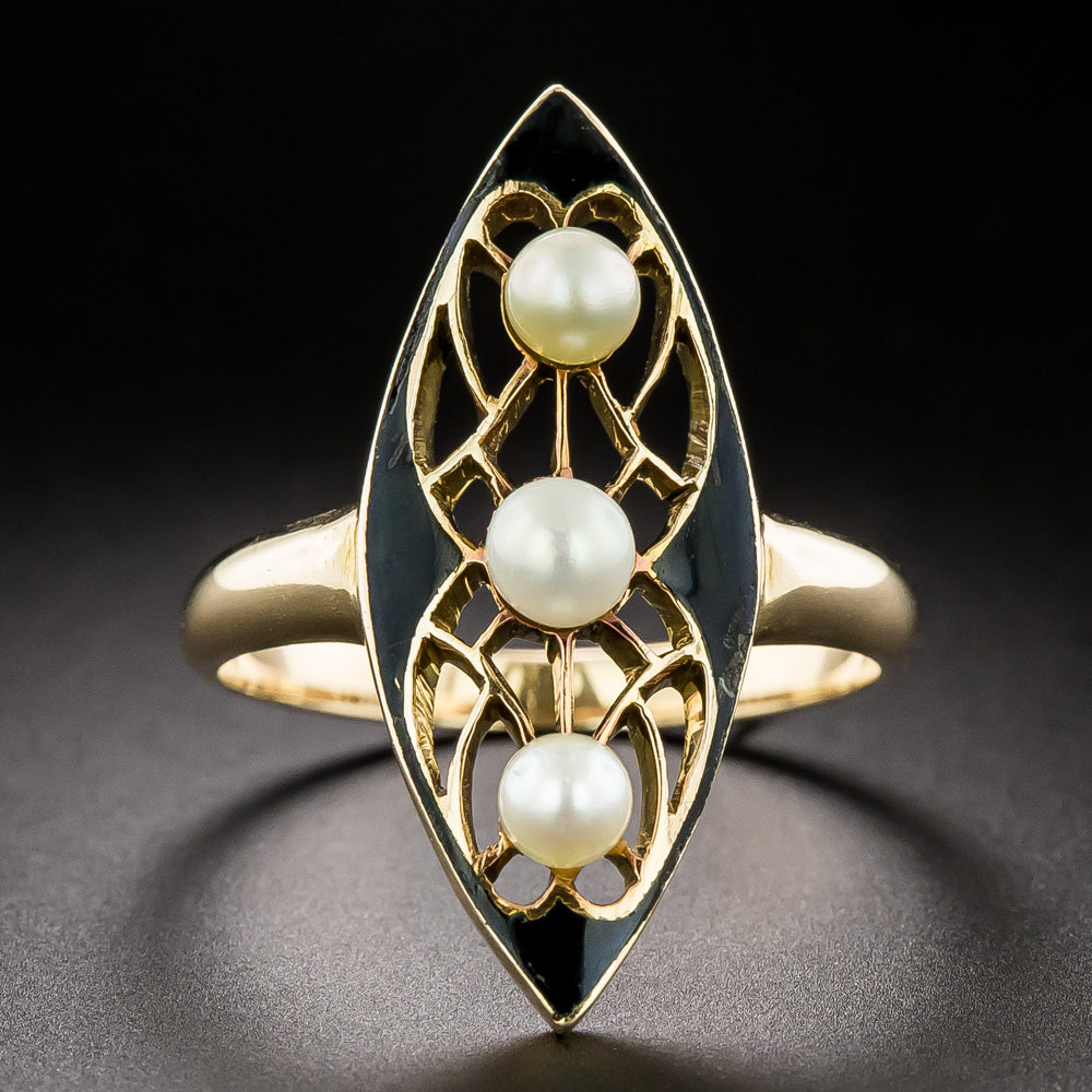 Victorian Black Enamel and Natural Pearl Navette Ring - 2