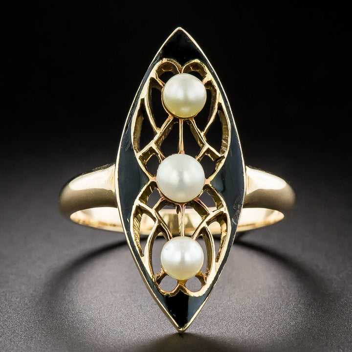 Victorian Black Enamel and Natural Pearl Navette Ring