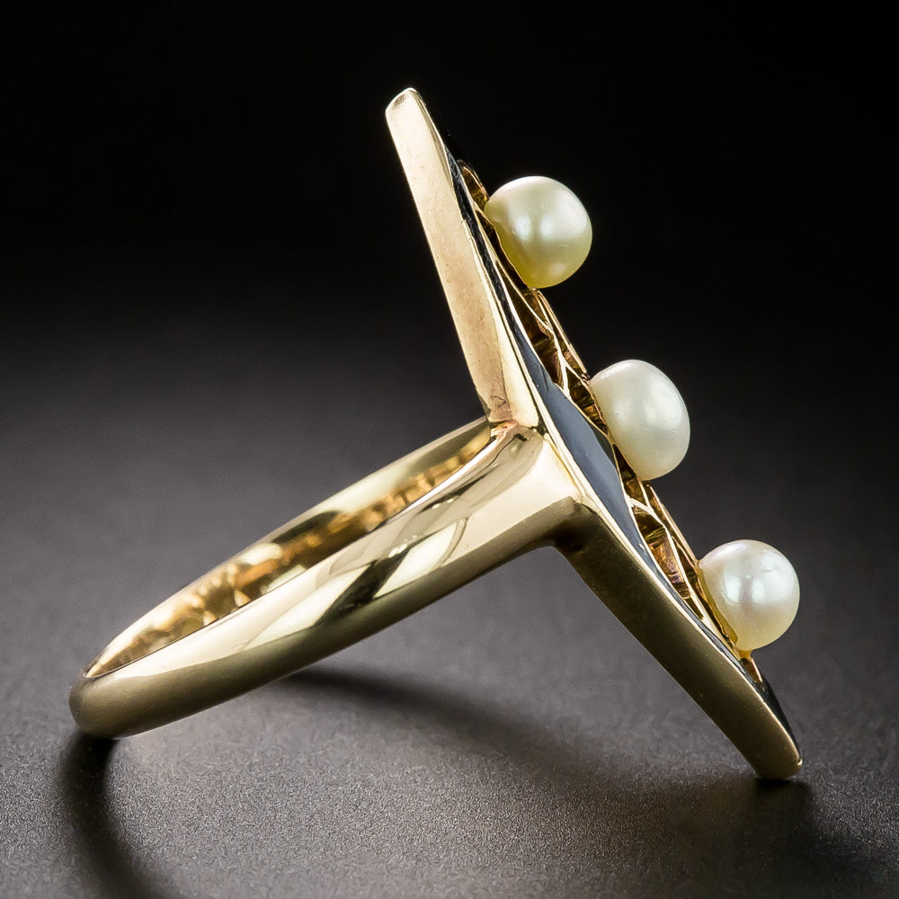 Victorian Black Enamel and Natural Pearl Navette Ring - 3