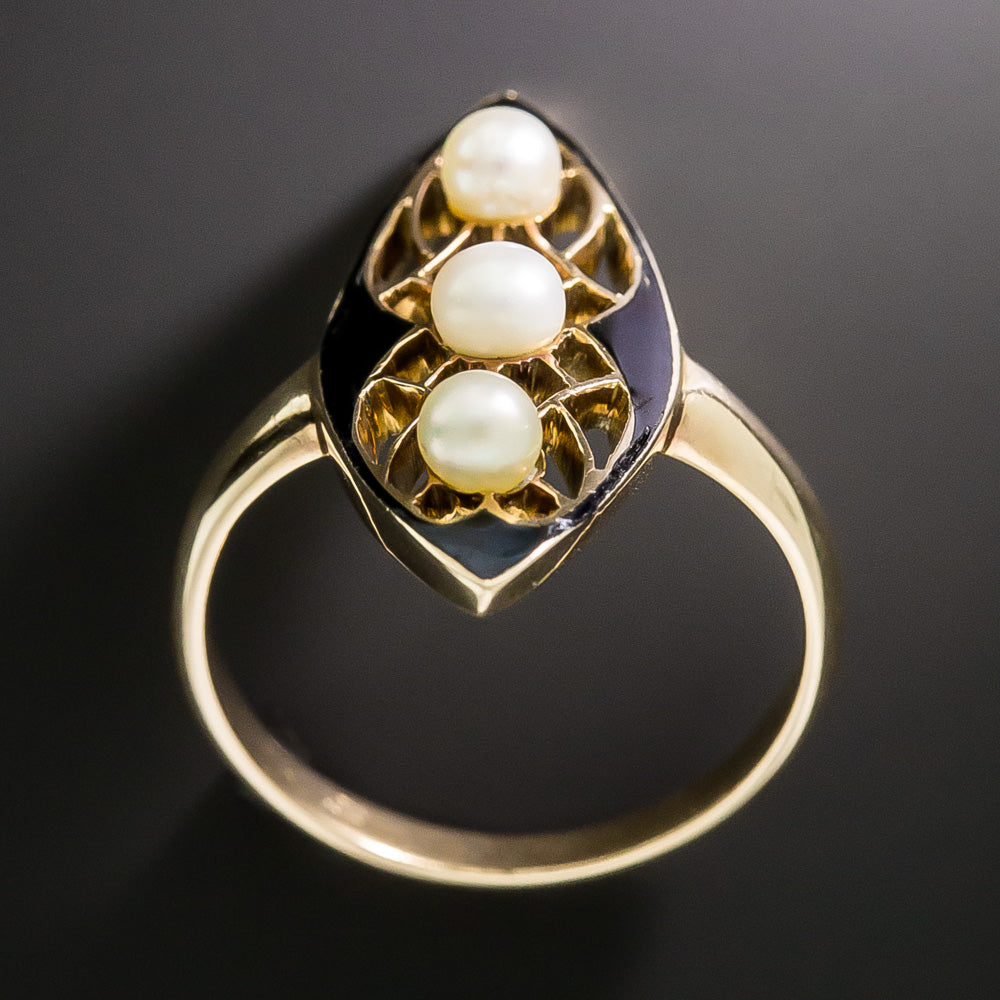 Victorian Black Enamel and Natural Pearl Navette Ring - 4