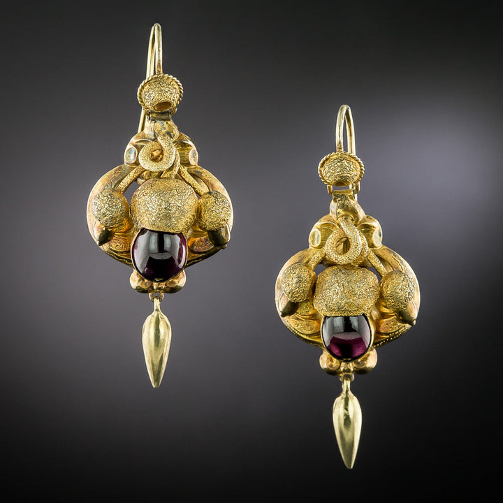 English Victorian Cabochon Garnet Acorn Earrings