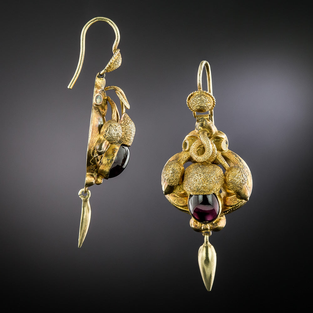 English Victorian Cabochon Garnet Acorn Earrings - 2