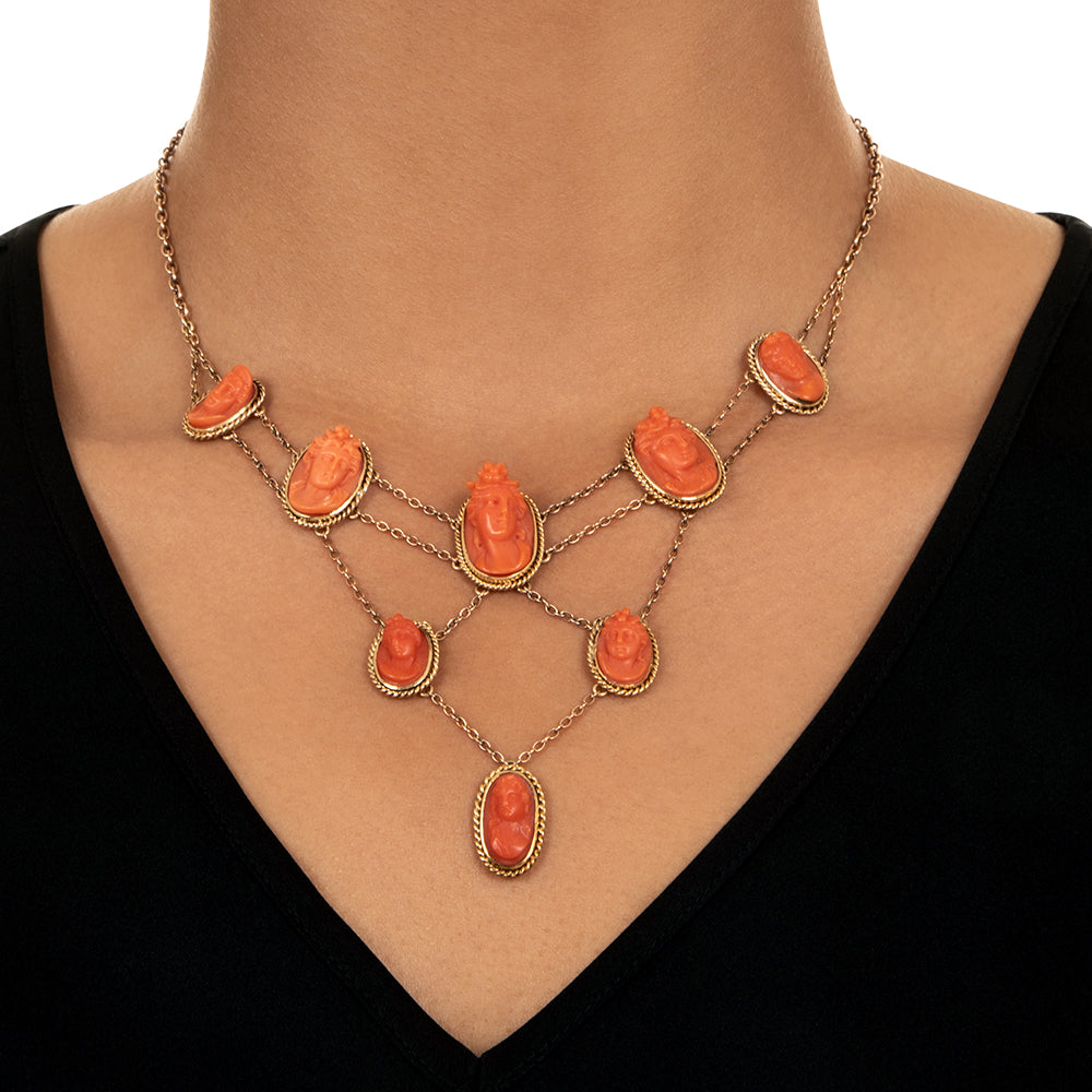Victorian Coral Cameo Swag Necklace - 4