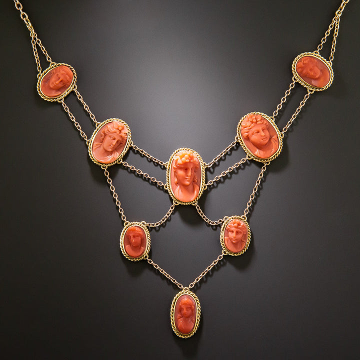 Victorian Coral Cameo Swag Necklace