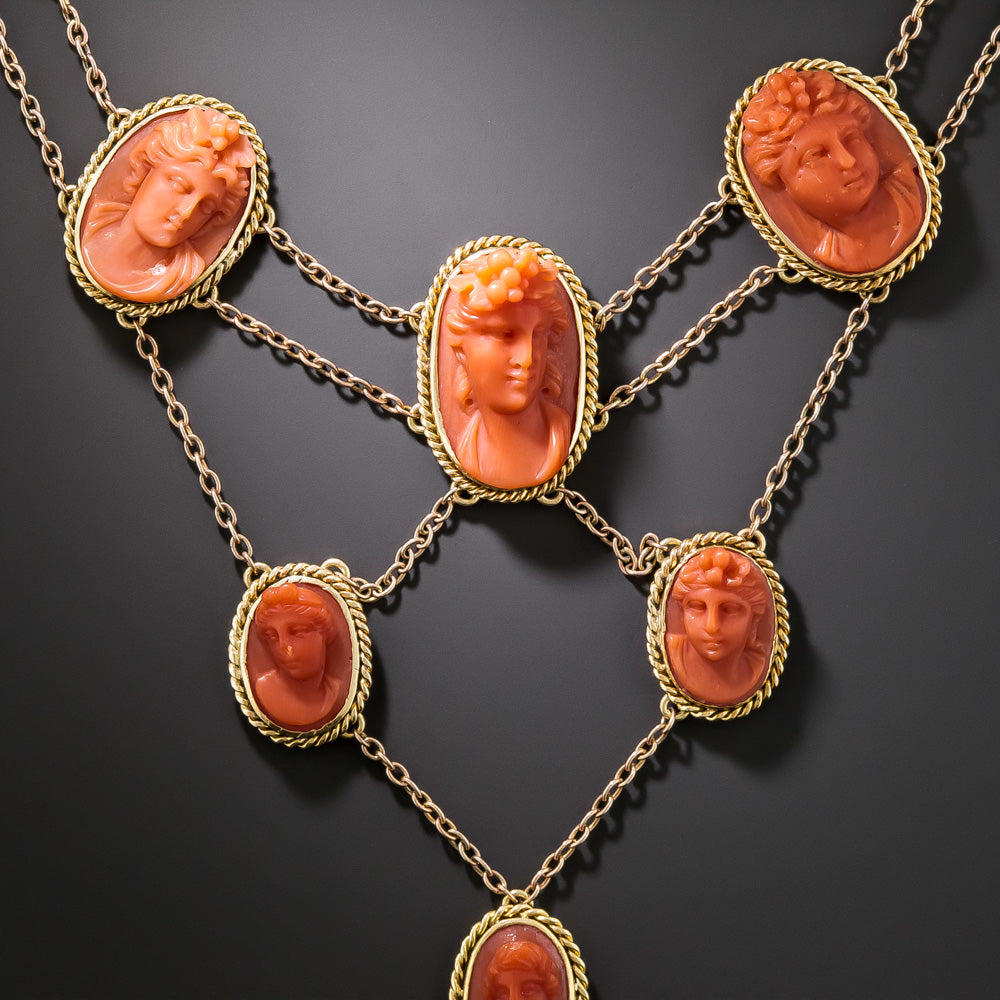 Victorian Coral Cameo Swag Necklace - 3