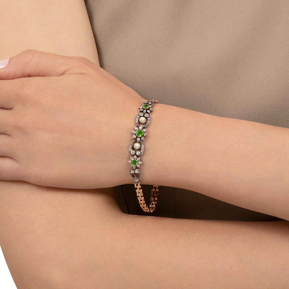Victorian Demantoid Garnet, Natural Pearl and Diamond Bracelet - 4