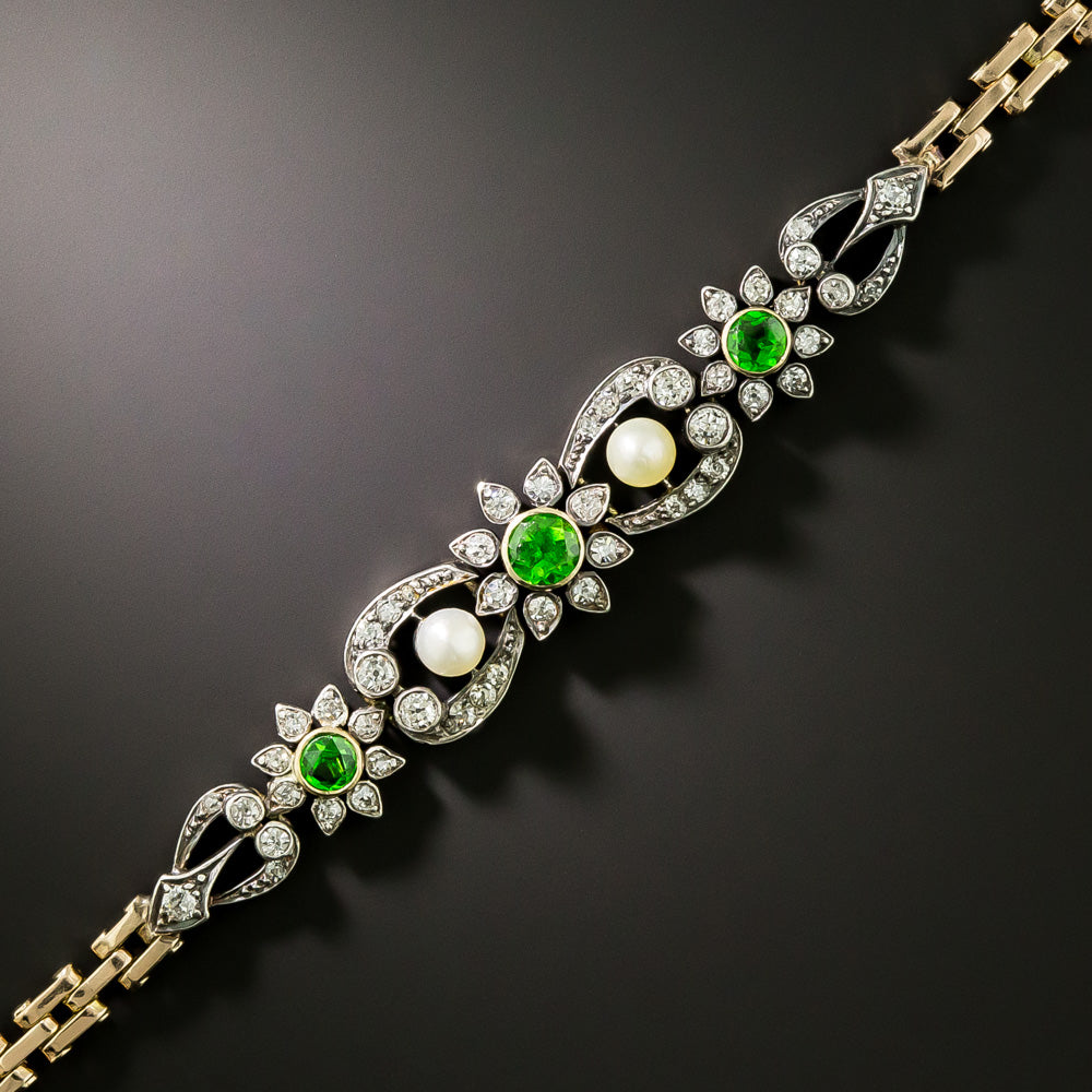 Victorian Demantoid Garnet, Natural Pearl and Diamond Bracelet - 2