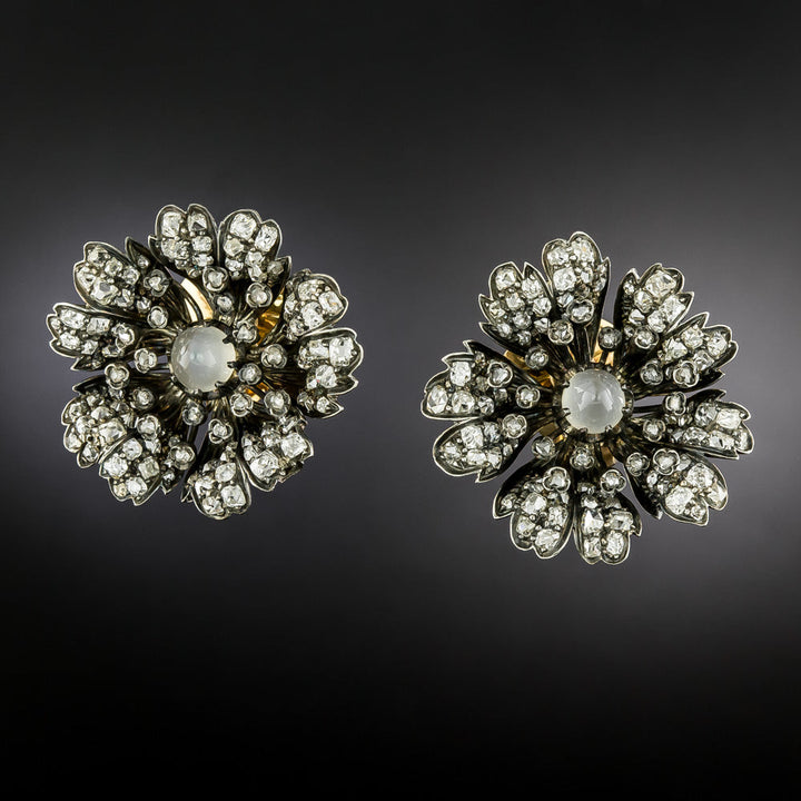 English Victorian Diamond and Cat's Eye Moonstone Flower Clip Earrings