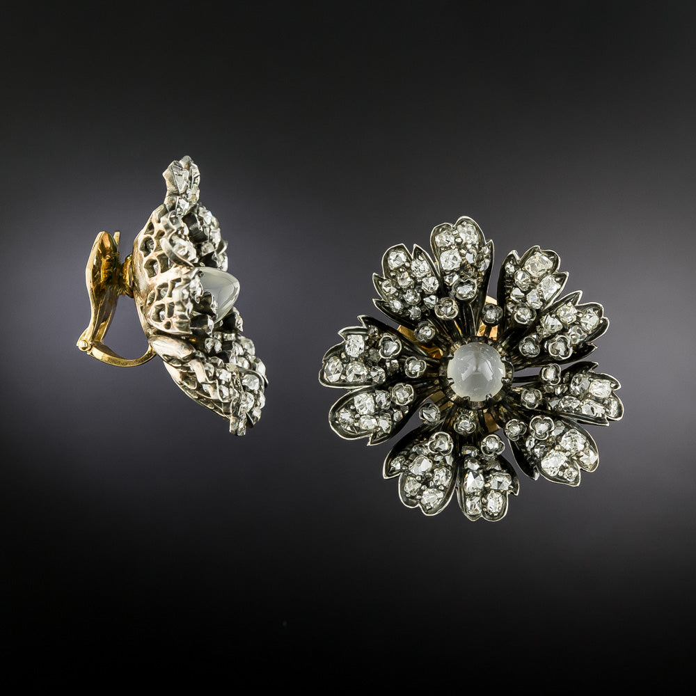English Victorian Diamond and Cat's Eye Moonstone Flower Clip Earrings - 3