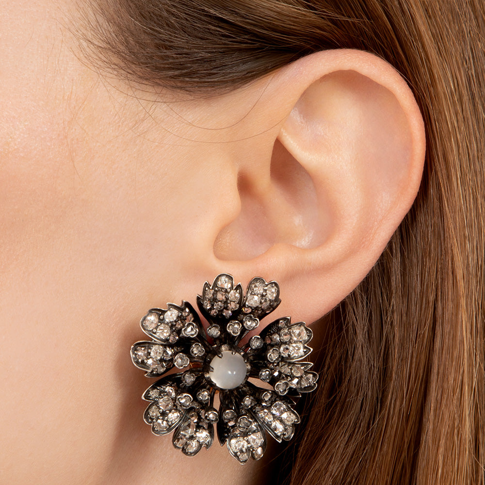 English Victorian Diamond and Cat's Eye Moonstone Flower Clip Earrings - 4