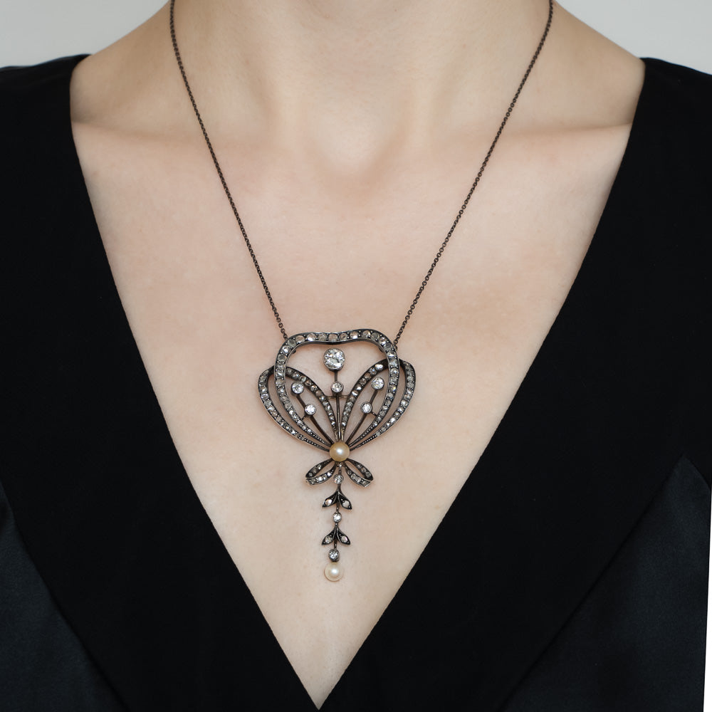 English Victorian Diamond and Pearl Bow Necklace - 4