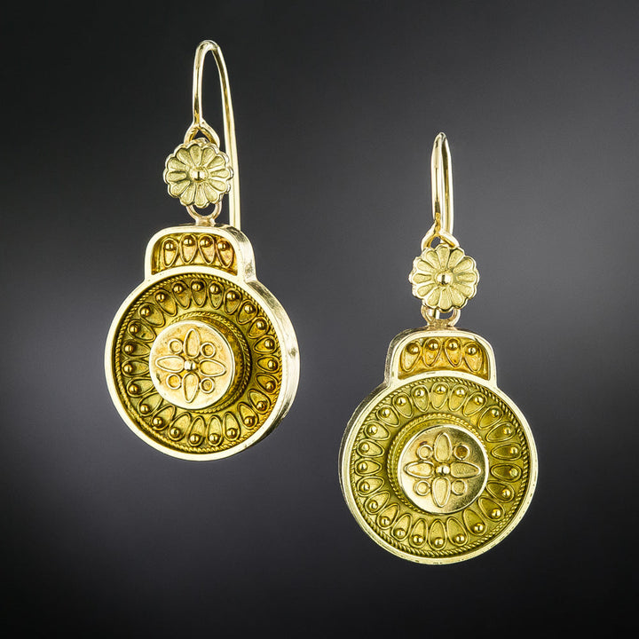 English Victorian Etruscan Revival Dangle Earrings