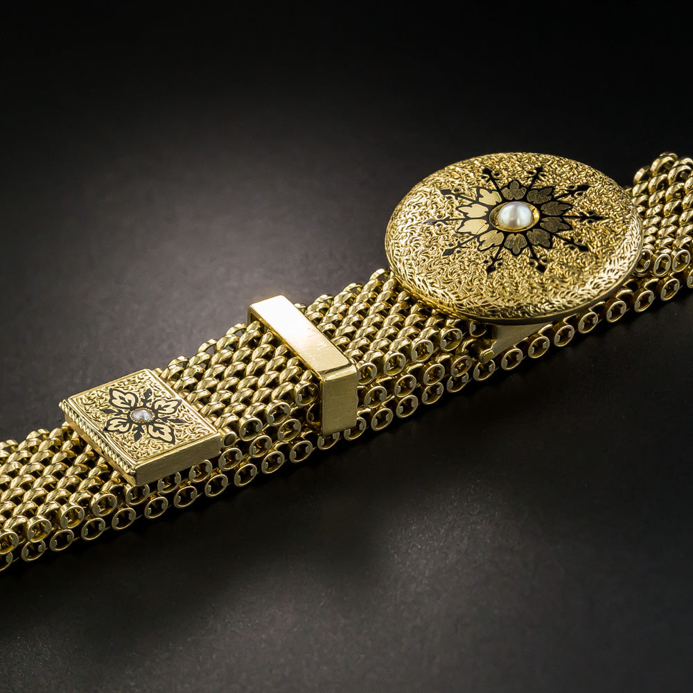 English Victorian Pearl and Enamel Mesh Slide Bracelet - 2