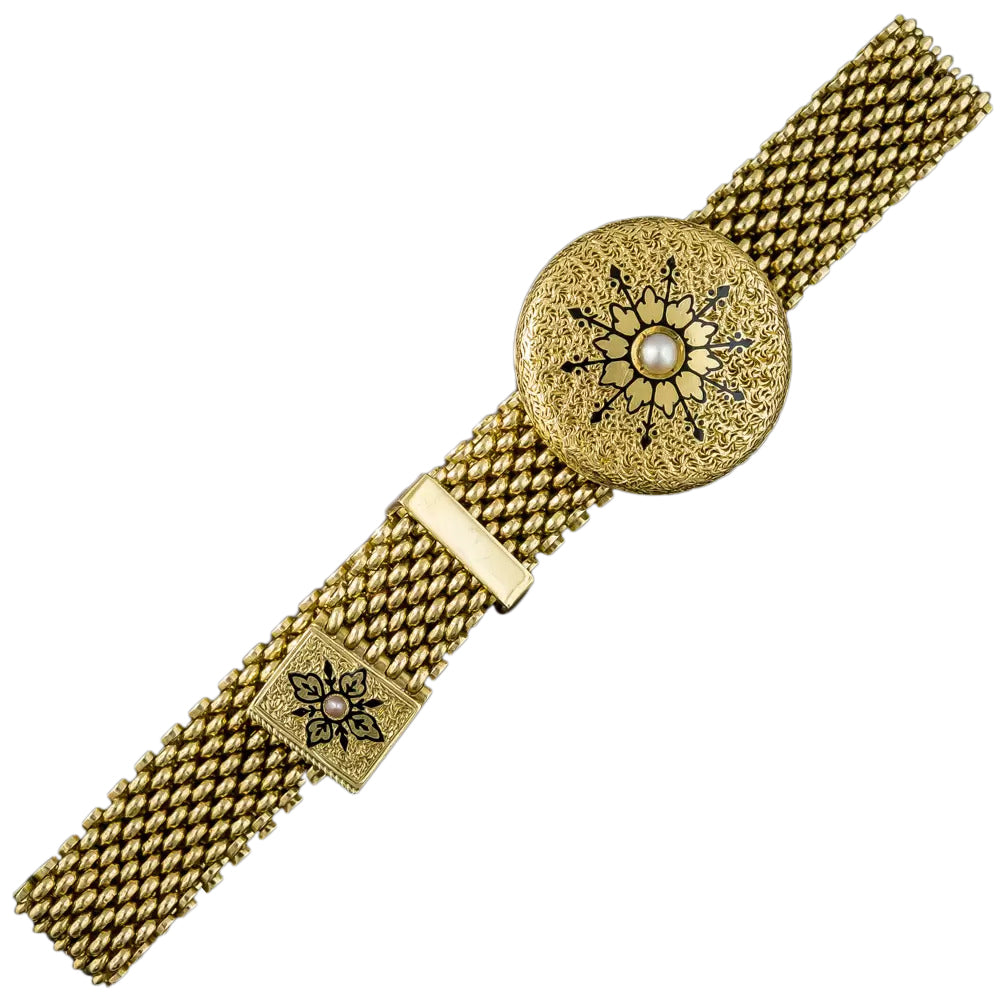 English Victorian Pearl and Enamel Mesh Slide Bracelet - 3