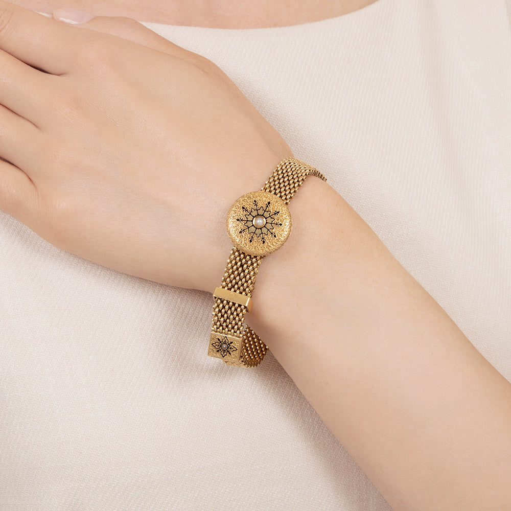 English Victorian Pearl and Enamel Mesh Slide Bracelet - 4