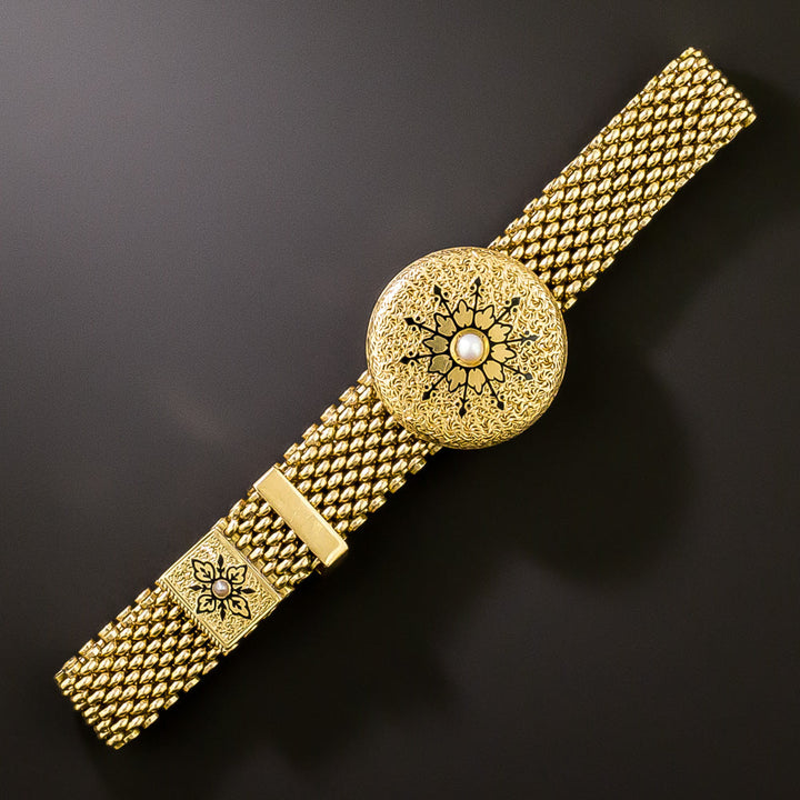 English Victorian Pearl and Enamel Mesh Slide Bracelet