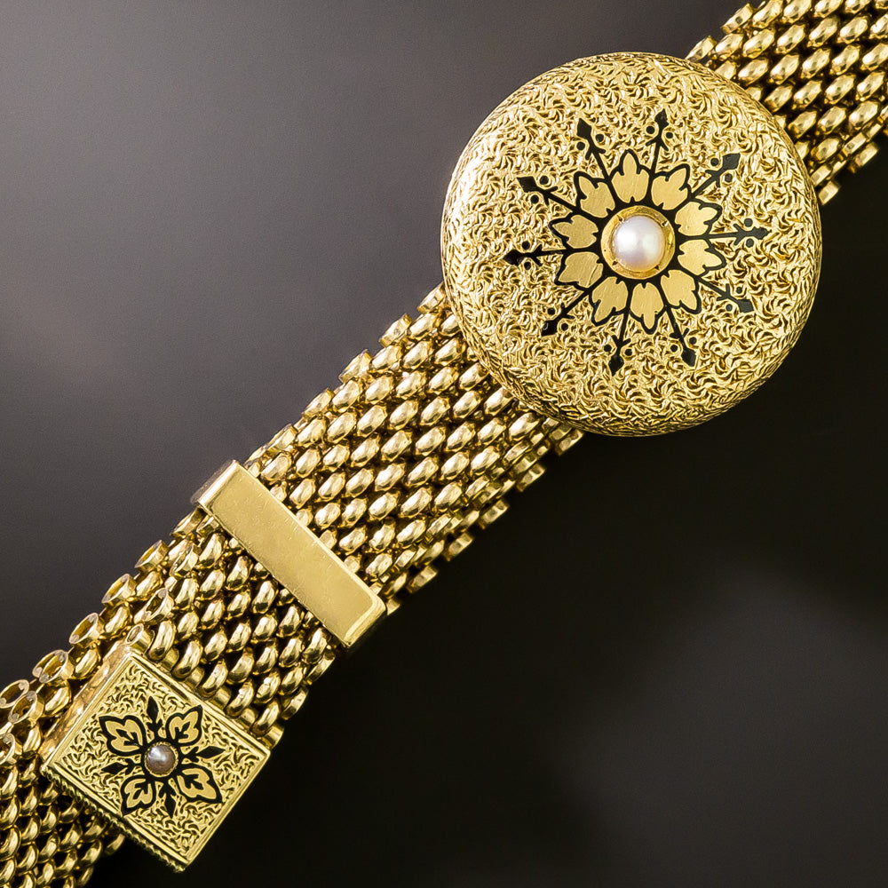 English Victorian Pearl and Enamel Mesh Slide Bracelet - 2