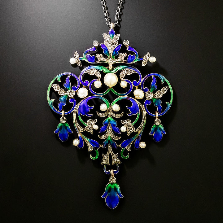 English Victorian Renaissance Revival Natural Pearl, Diamond and Enamel Necklace