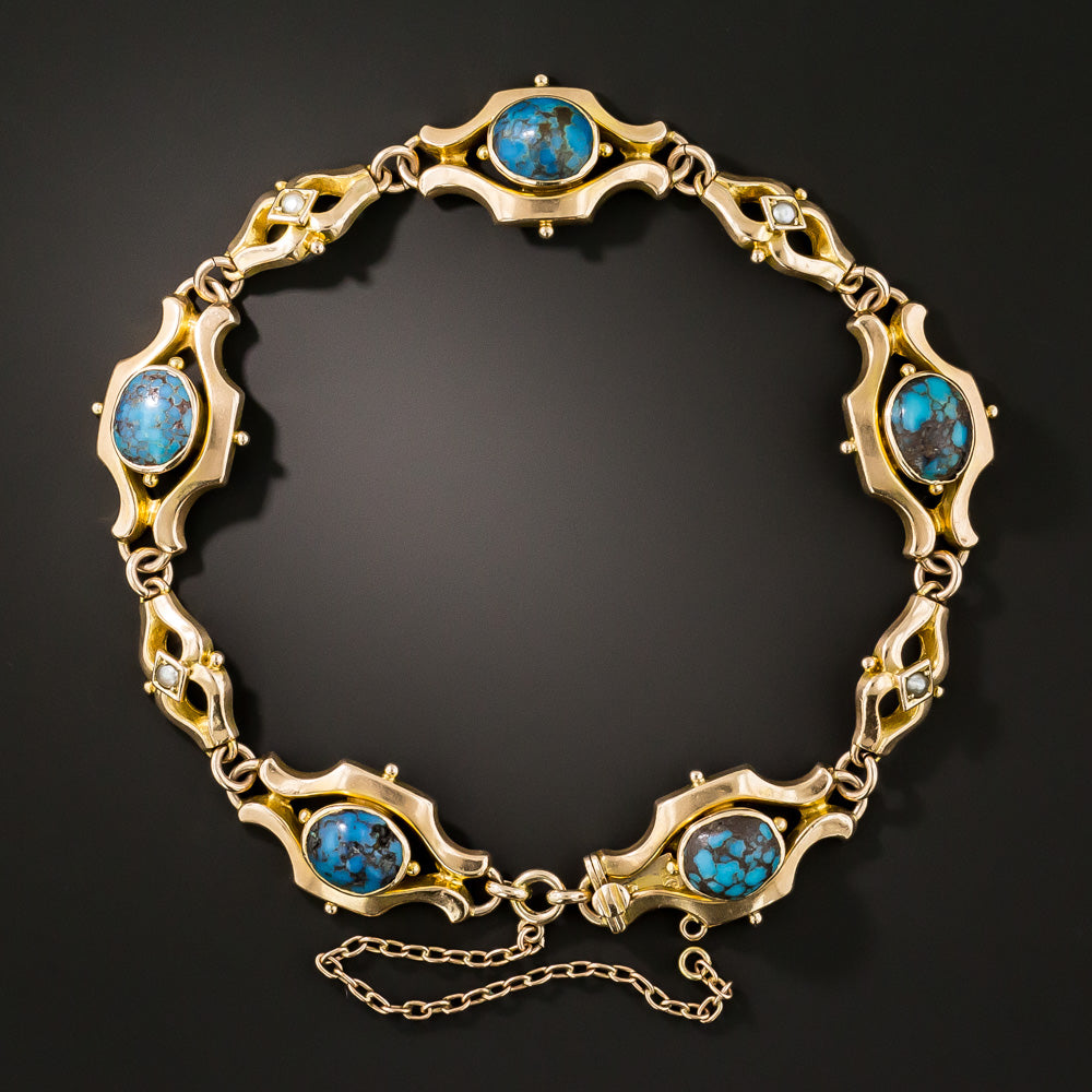 English Victorian Spiderweb Turquoise and Natural Pearl Bracelet - 2
