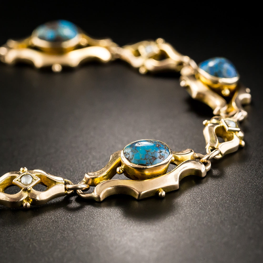 English Victorian Spiderweb Turquoise and Natural Pearl Bracelet - 4